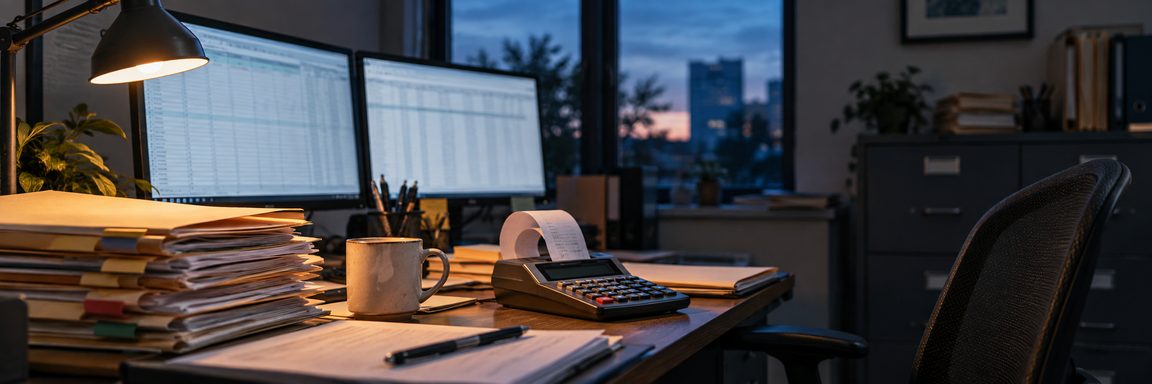 A small accounting practice at dusk: two monitors showing indistinct spreadsheets, a stack of tabbed client folders, a printing calculator and a cold cup of coffee under a desk lamp.