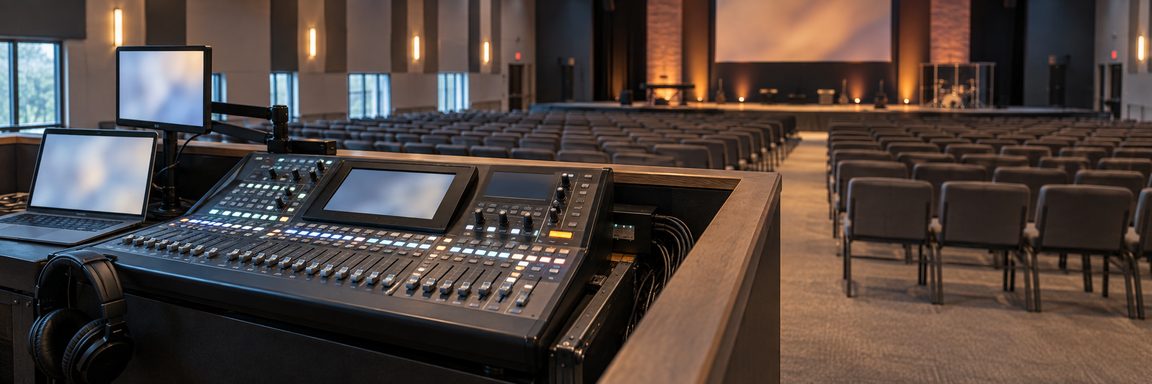 The tech booth at the back of a church auditorium before a service: a digital mixing console with faders set, a laptop and a small monitor beside it, headphones hooked on the desk edge, and rows of empty seats running toward a lit stage.