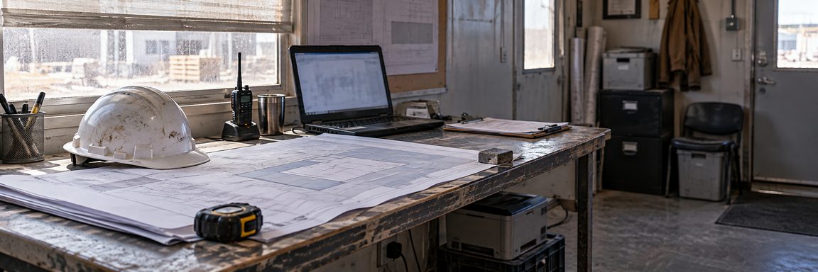 The inside of a jobsite office trailer: a set of drawings unrolled on a scuffed work table under a hard hat and tape measure, a laptop and a two-way radio beside them, and a printer on a crate below.