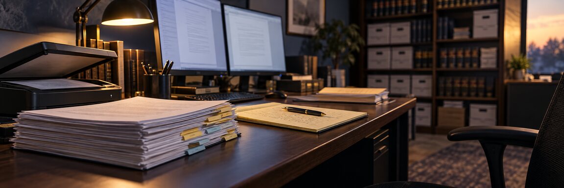 A small law firm desk in the evening: a tabbed stack of exhibits, a legal pad, two monitors showing indistinct documents, and banker's boxes on shelves behind.