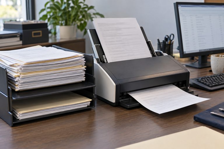 A title office post-closing desk: a desktop scanner part way through a document, a monitor showing an indistinct queue, and two document trays holding noticeably different amounts.