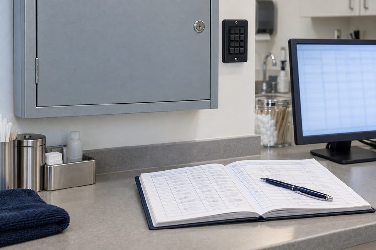 A locked metal wall cabinet with a keypad beside it, and on the counter below an open bound logbook filled in by hand with a pen across it, beside a monitor showing an indistinct grid.